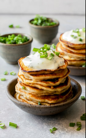 potato pancakes with yogurt and green onions and black pepper. in clay pots on a white backgroundの素材