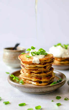 potato pancakes with yogurt and green onions and black pepper. in clay pots on a white backgroundの素材