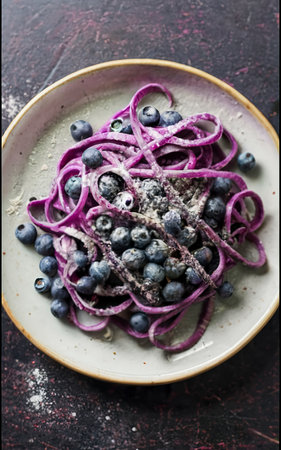 fresh raw homemade purple blueberry pasta on tableclothの素材