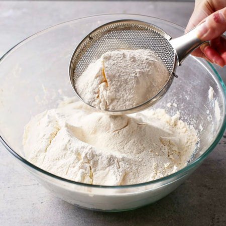 sifting flour through a sieve into a large glass bowl.の素材