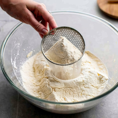 sifting flour through a sieve into a large glass bowl.の素材