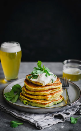 salted pancakes with zucchini and chickpea flour with spicy yoghurt sauce with beer on the tableの素材