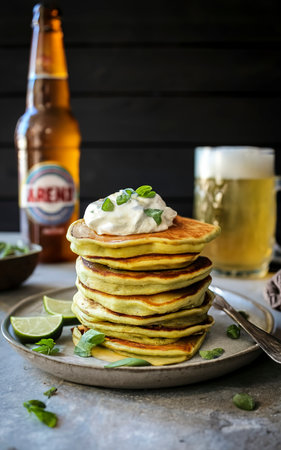 salted pancakes with zucchini and chickpea flour with spicy yoghurt sauce with beer on the tableの素材