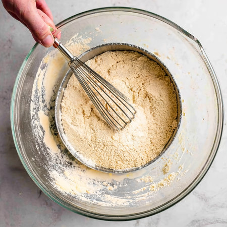 sifting flour through a sieve into a large glass bowl.の素材
