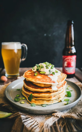 salted pancakes with zucchini and chickpea flour with spicy yoghurt sauce with beer on the tableの素材