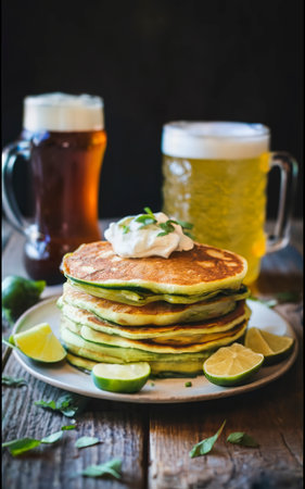 salted pancakes with zucchini and chickpea flour with spicy yoghurt sauce with beer on the tableの素材