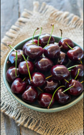 ripe and fresh cherries oon a linen towel. harvest. fruit shopの素材