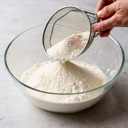 sifting flour through a sieve into a large glass bowl.の素材