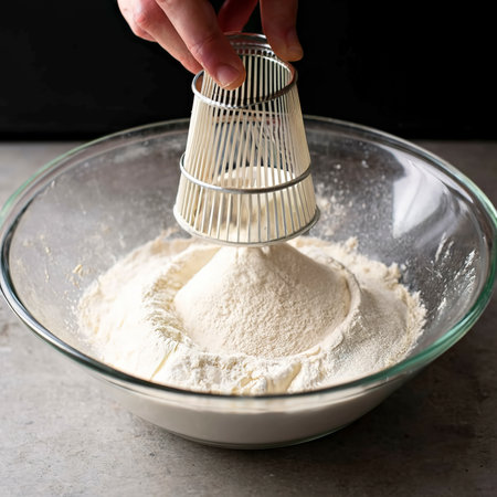 sifting flour through a sieve into a large glass bowl.の素材