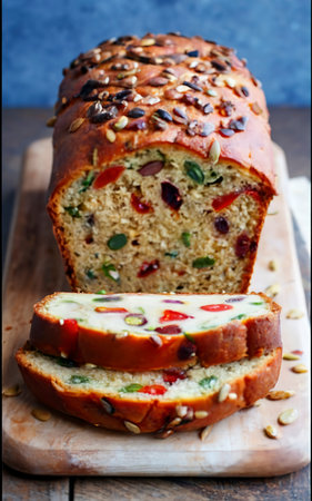 tomato bread with seeds and sun-dried tomatoes, a healthy morning breakfast or snackの素材