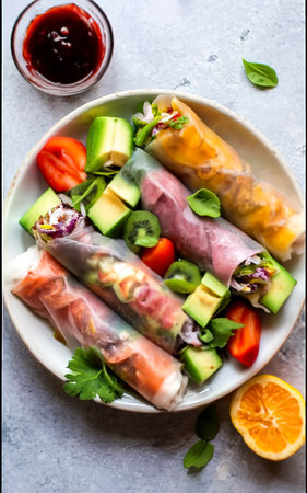 Summer rice paper rolls with colorful fruits and hot sauceの素材