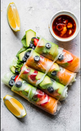 Summer rice paper rolls with colorful fruits and hot sauceの素材