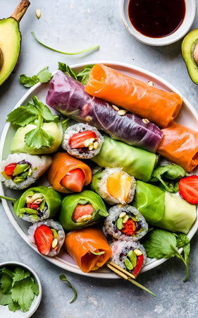 Summer rice paper rolls with colorful fruits and hot sauceの素材
