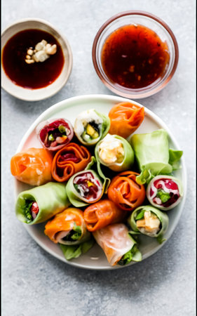 Summer rice paper rolls with colorful fruits and hot sauceの素材