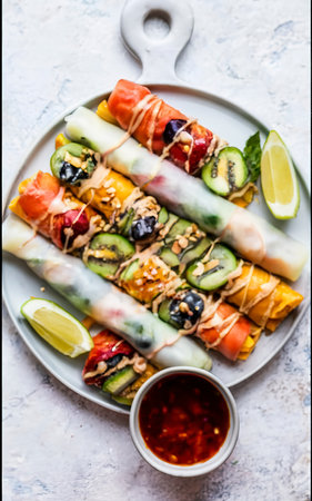 Summer rice paper rolls with colorful fruits and hot sauceの素材