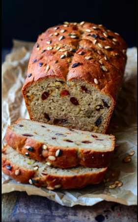 tomato bread with seeds and sun-dried tomatoes, a healthy morning breakfast or snackの素材