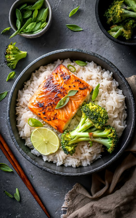 Thai salmon dish in coconut sauce with fresh broccoli and rice in a clay bowl with chopsticks . healthy food with vitamin B5の素材