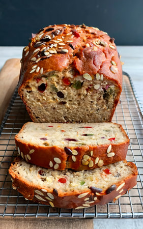 tomato bread with seeds and sun-dried tomatoes, a healthy morning breakfast or snackの素材