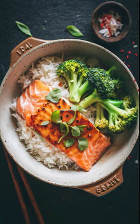 Thai salmon dish in coconut sauce with fresh broccoli and rice in a clay bowl with chopsticks . healthy food with vitamin B5の素材