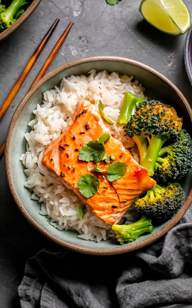 Thai salmon dish in coconut sauce with fresh broccoli and rice in a clay bowl with chopsticks . healthy food with vitamin B5の素材