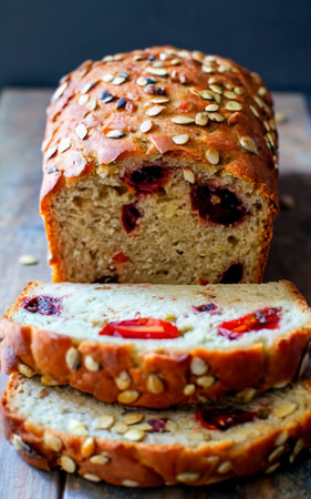 tomato bread with seeds and sun-dried tomatoes, a healthy morning breakfast or snackの素材