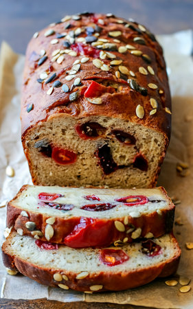 tomato bread with seeds and sun-dried tomatoes, a healthy morning breakfast or snackの素材