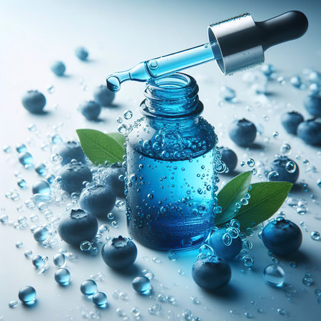 Blue glass dropper serum bottle on white backgroundの素材