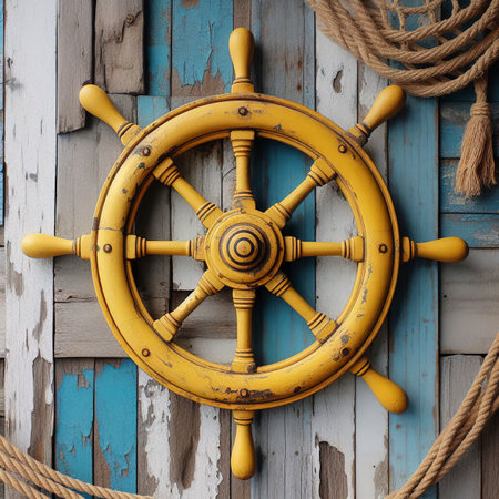 An old yellow steering wheel hanging on a wooden wall painted blue and white as a backgroundの素材
