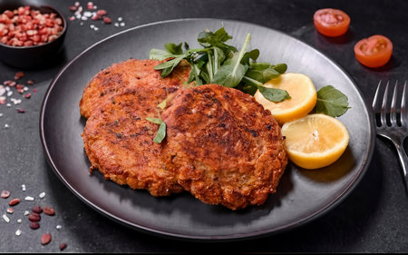 vegan lentil cutlets without meat with potatoes and salad. healthy eatingの素材