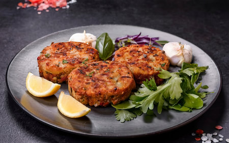 vegan lentil cutlets without meat with potatoes and salad. healthy eatingの素材