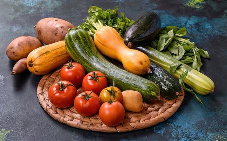 various fresh vegetables in a large plate sweet potatoes, yellow zucchini, tomatoes. harvesting, cookingの素材