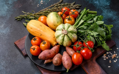 various fresh vegetables in a large plate sweet potatoes, yellow zucchini, tomatoes. harvesting, cookingの素材