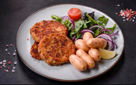 vegan lentil cutlets without meat with potatoes and salad. healthy eatingの素材