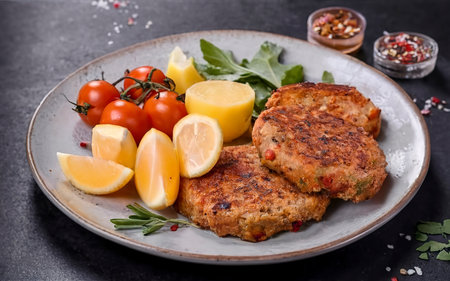 vegan lentil cutlets without meat with potatoes and salad. healthy eatingの素材