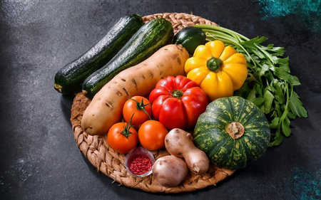 various fresh vegetables in a large plate sweet potatoes, yellow zucchini, tomatoes. harvesting, cookingの素材