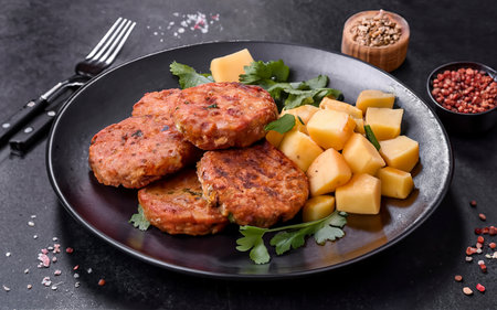 vegan lentil cutlets without meat with potatoes and salad. healthy eatingの素材