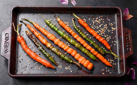 young carrots baked with sesame seeds and soy sauce in a baking sheet on the table. spring recipeの素材