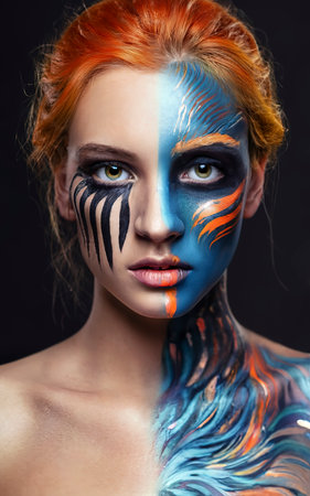 Woman with blue and orange face paint Two different charactersの素材