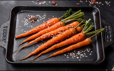 young carrots baked with sesame seeds and soy sauce in a baking sheet on the table. spring recipeの素材