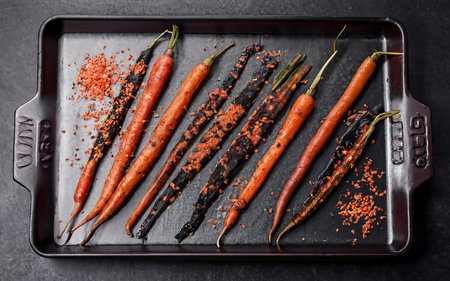 young carrots baked with sesame seeds and soy sauce in a baking sheet on the table. spring recipeの素材