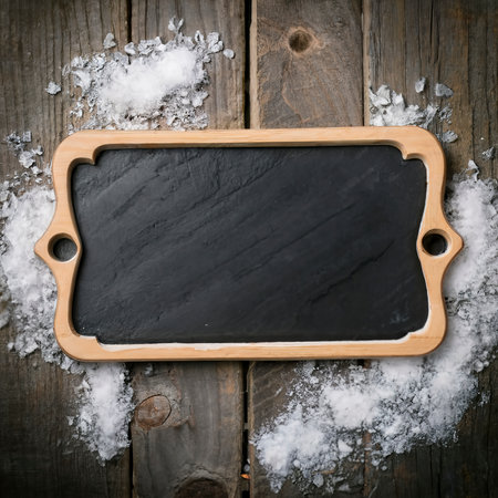 Black board of slate on old rustic wooden background, with snowの素材