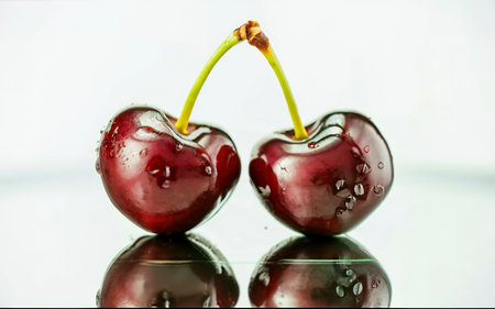 Close-up of two ripe, tasty, red and shiny cherries, with connected stems, with reflection on white backgroundの素材