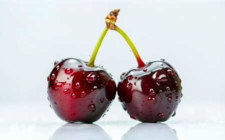 Close-up of two ripe, tasty, red and shiny cherries, with connected stems, with reflection on white backgroundの素材