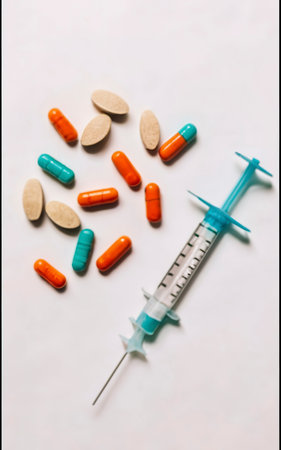 Close-up view of colorful pills and syringe on white, medicine and healthcare conceptの素材