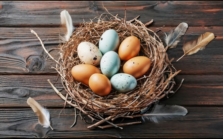 different types eggs nest with feathers wooden background easter conceptの素材