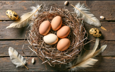 different types eggs nest with feathers wooden background easter conceptの素材