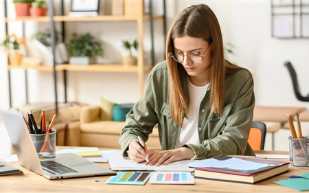 Female designer working with color palette samples at tableの素材
