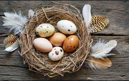 different types eggs nest with feathers wooden background easter conceptの素材
