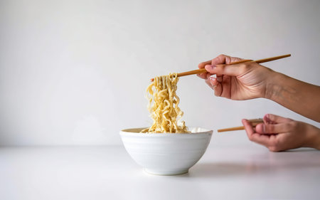 Female hand takes Chinese noodles with Chinese chopsticks from a paper bowl on a white backgroundの素材