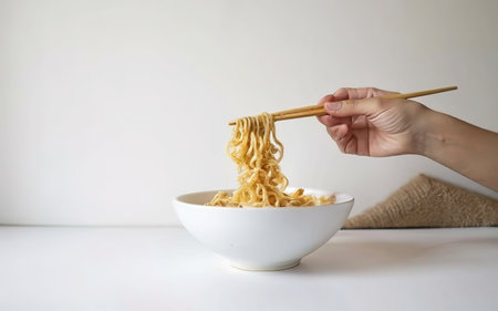Female hand takes Chinese noodles with Chinese chopsticks from a paper bowl on a white backgroundの素材